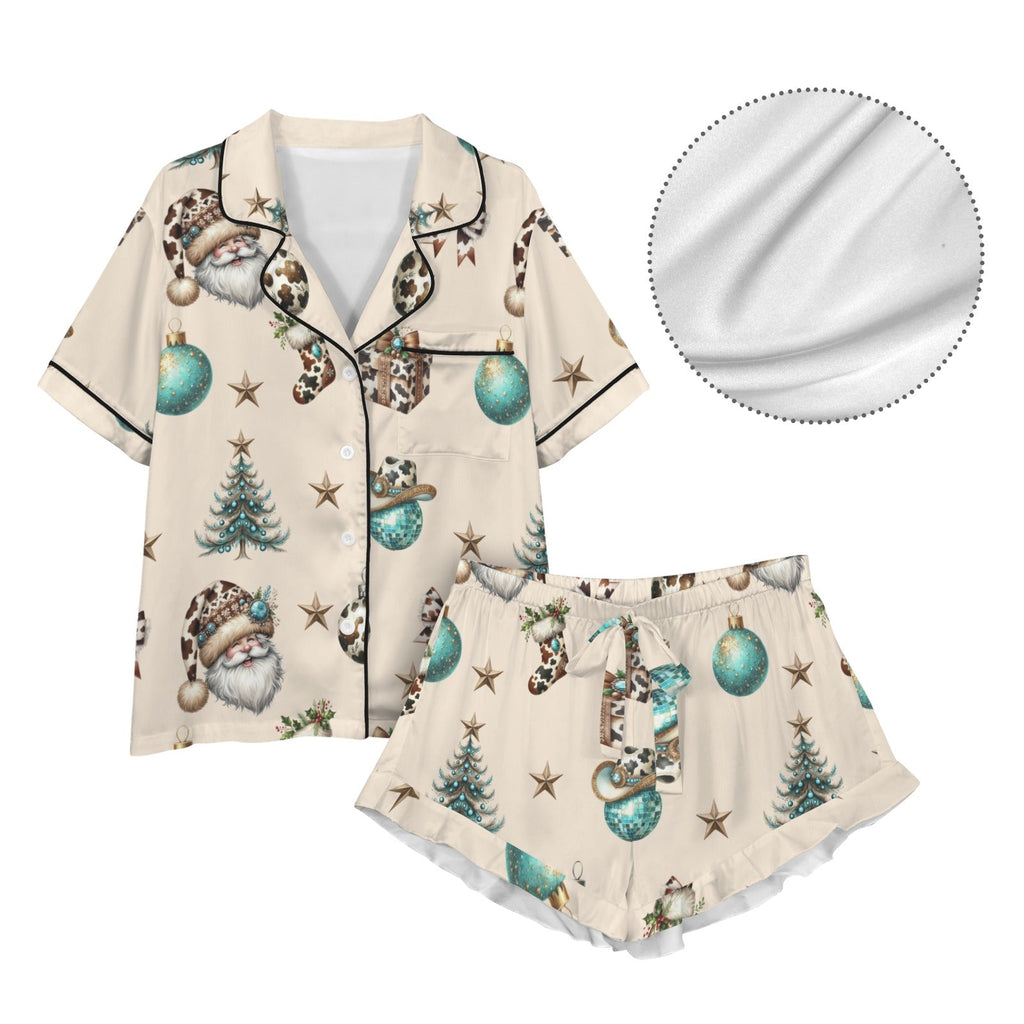 Baha Ranch Country Cow Print Christmas Satin Short Pajama Sets