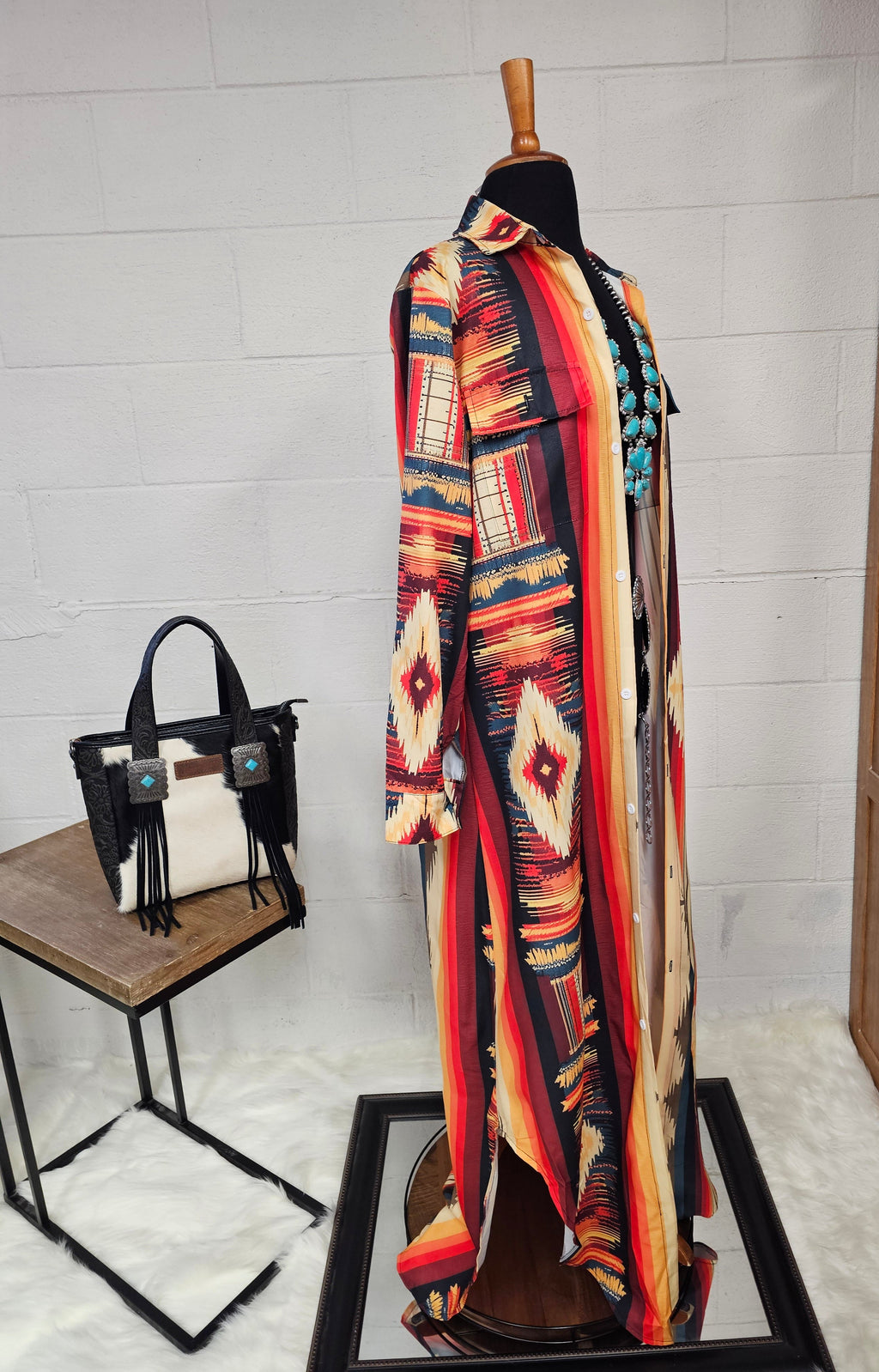 Baha Ranch Colores De Mexico Southwestern Aztec Serape Long Sleeve Shirt Dress Duster