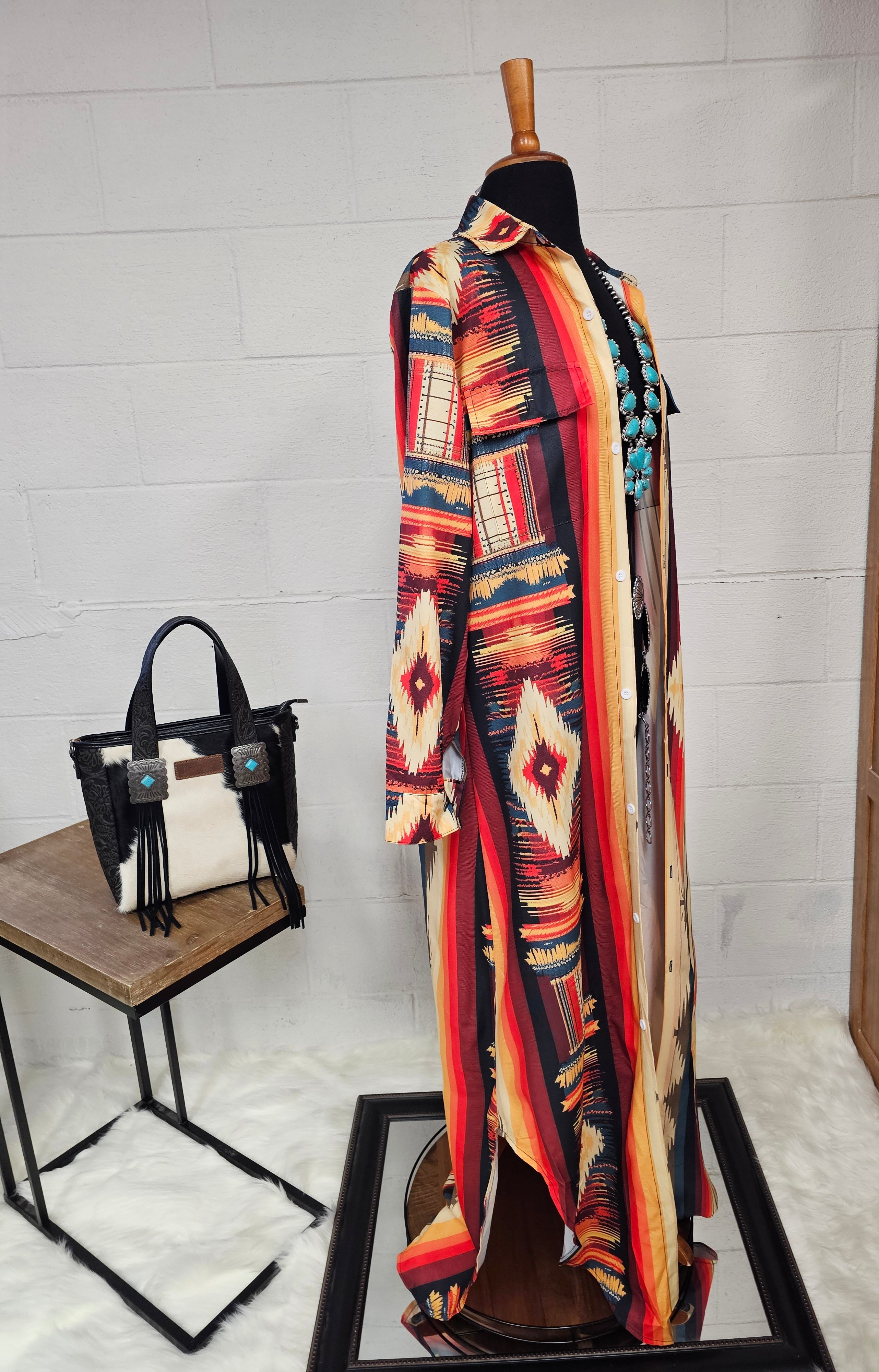 Baha Ranch Colores De Mexico Southwestern Aztec Serape Long Sleeve Shirt Dress Duster