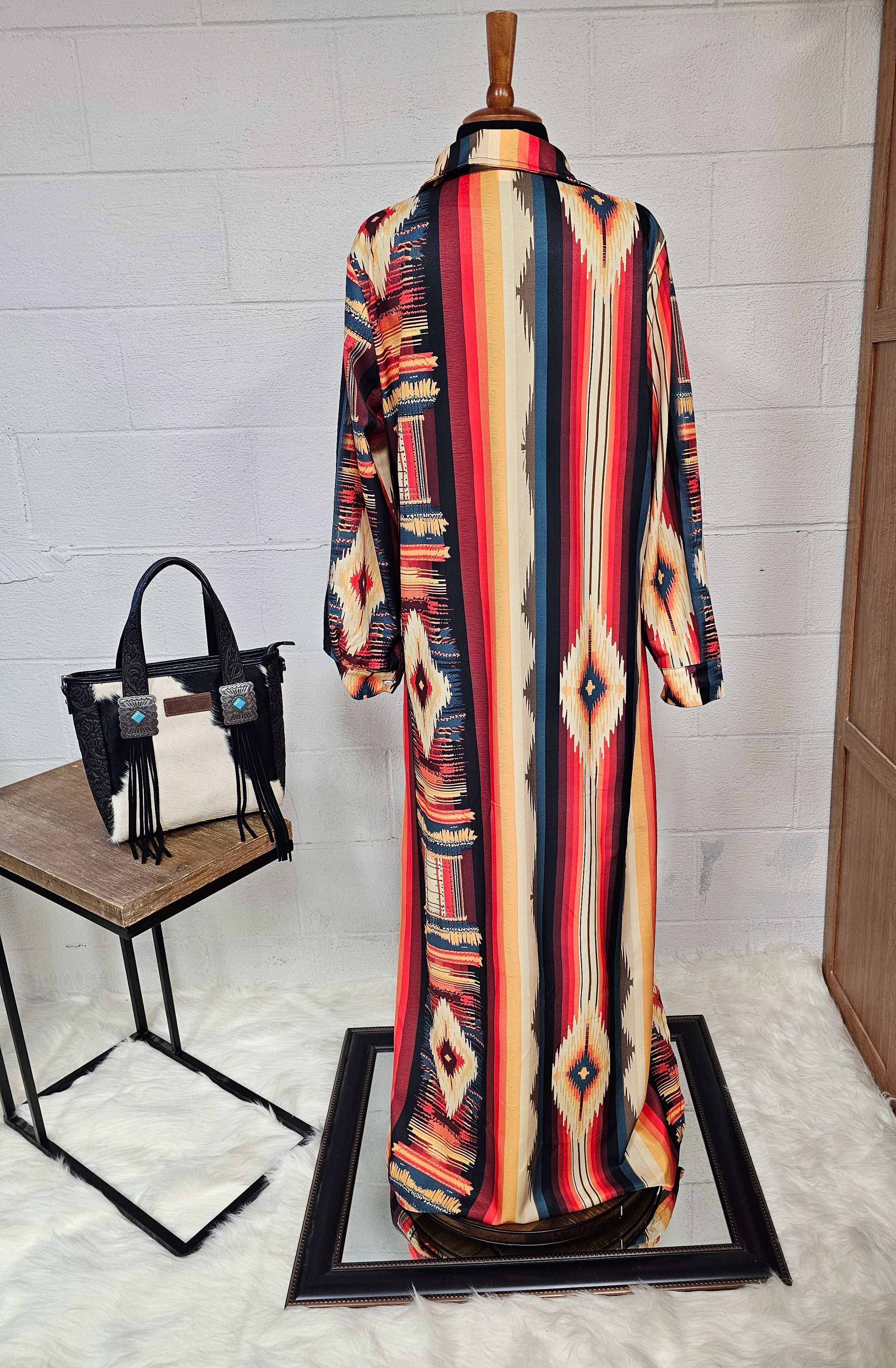 Baha Ranch Colores De Mexico Southwestern Aztec Serape Long Sleeve Shirt Dress Duster