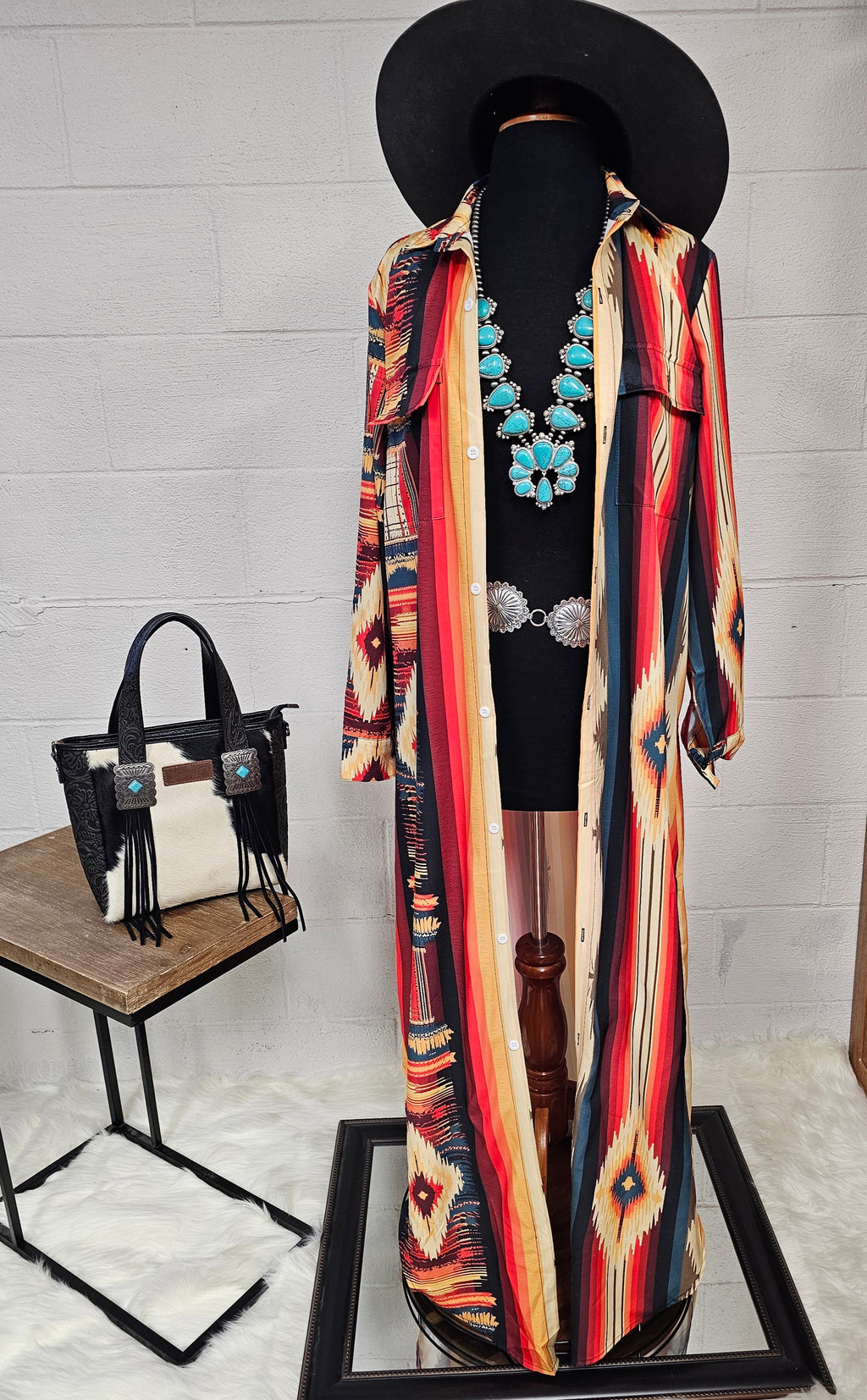 Baha Ranch Colores De Mexico Southwestern Aztec Serape Long Sleeve Shirt Dress Duster