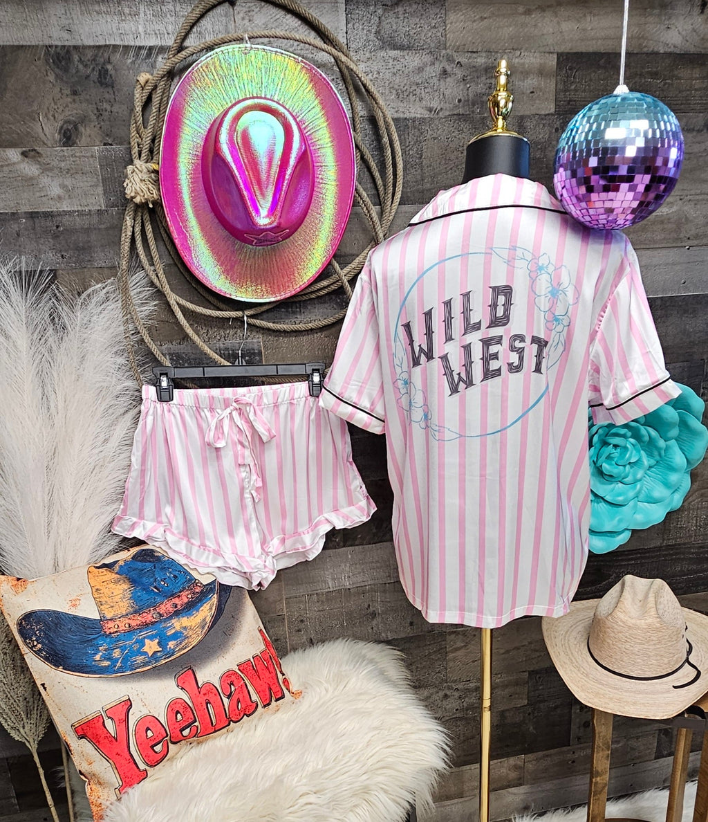 Baha Ranch Retro Pop Western Wild West Pink Pin Stripe Satin Pajamas