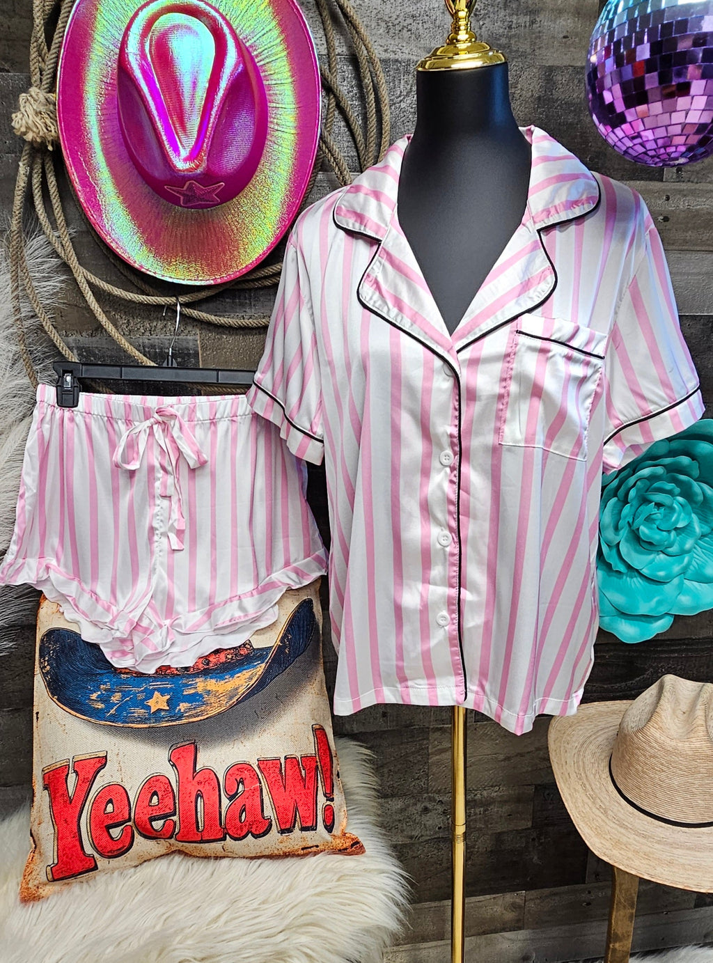 Baha Ranch Retro Pop Western Wild West Pink Pin Stripe Satin Pajamas