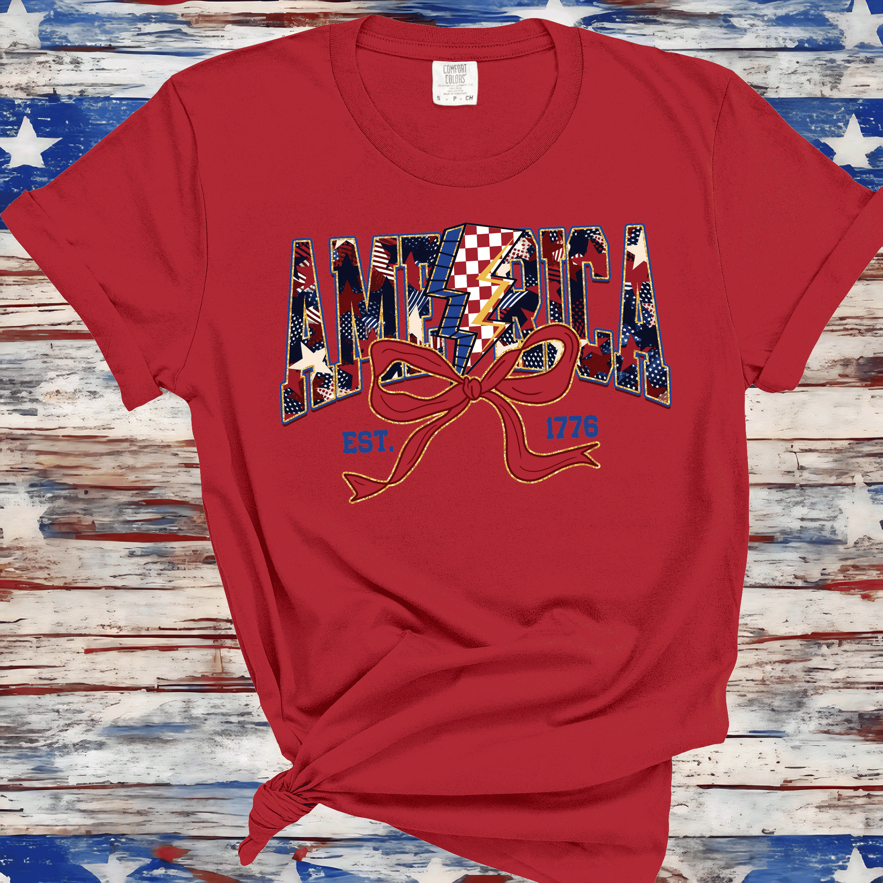America Est 1776, Checkered Lightning Bolt, 4th of july Coquette Bow Land of the free , Fourth of july independence Day, USA Flag, American Girl Shirt