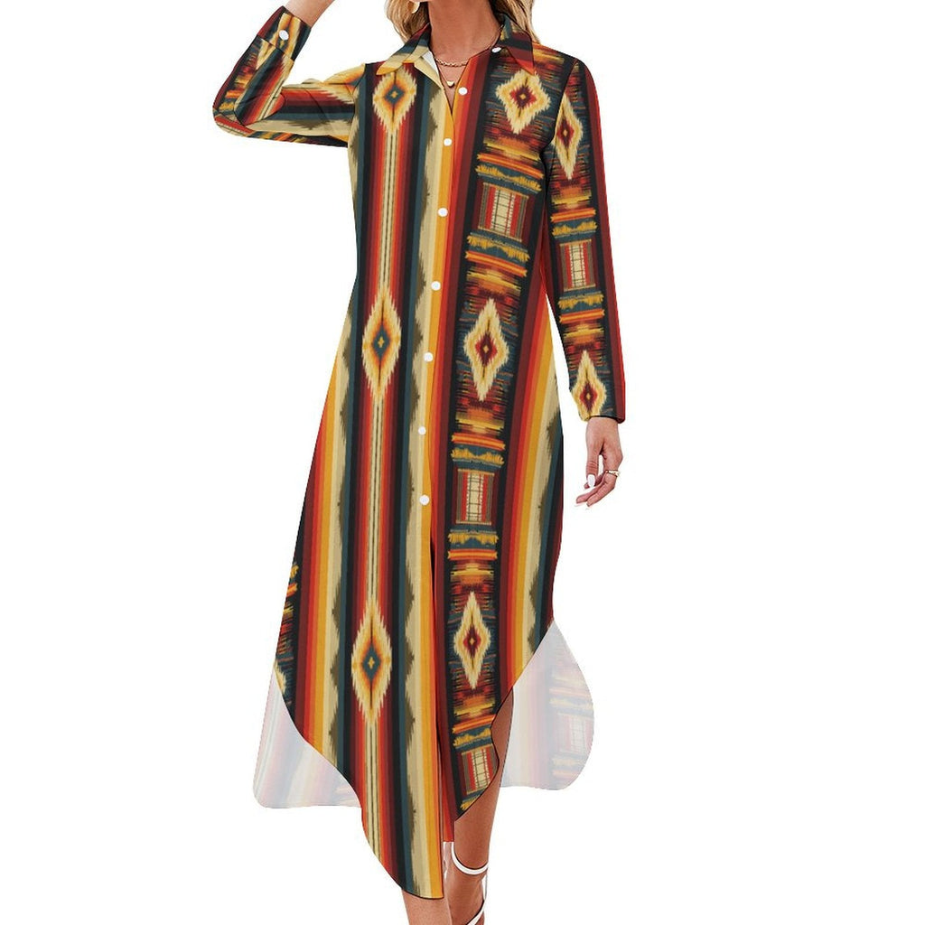 Baha Ranch Colores De Mexico Southwestern Aztec Serape Long Sleeve Shirt Dress Duster