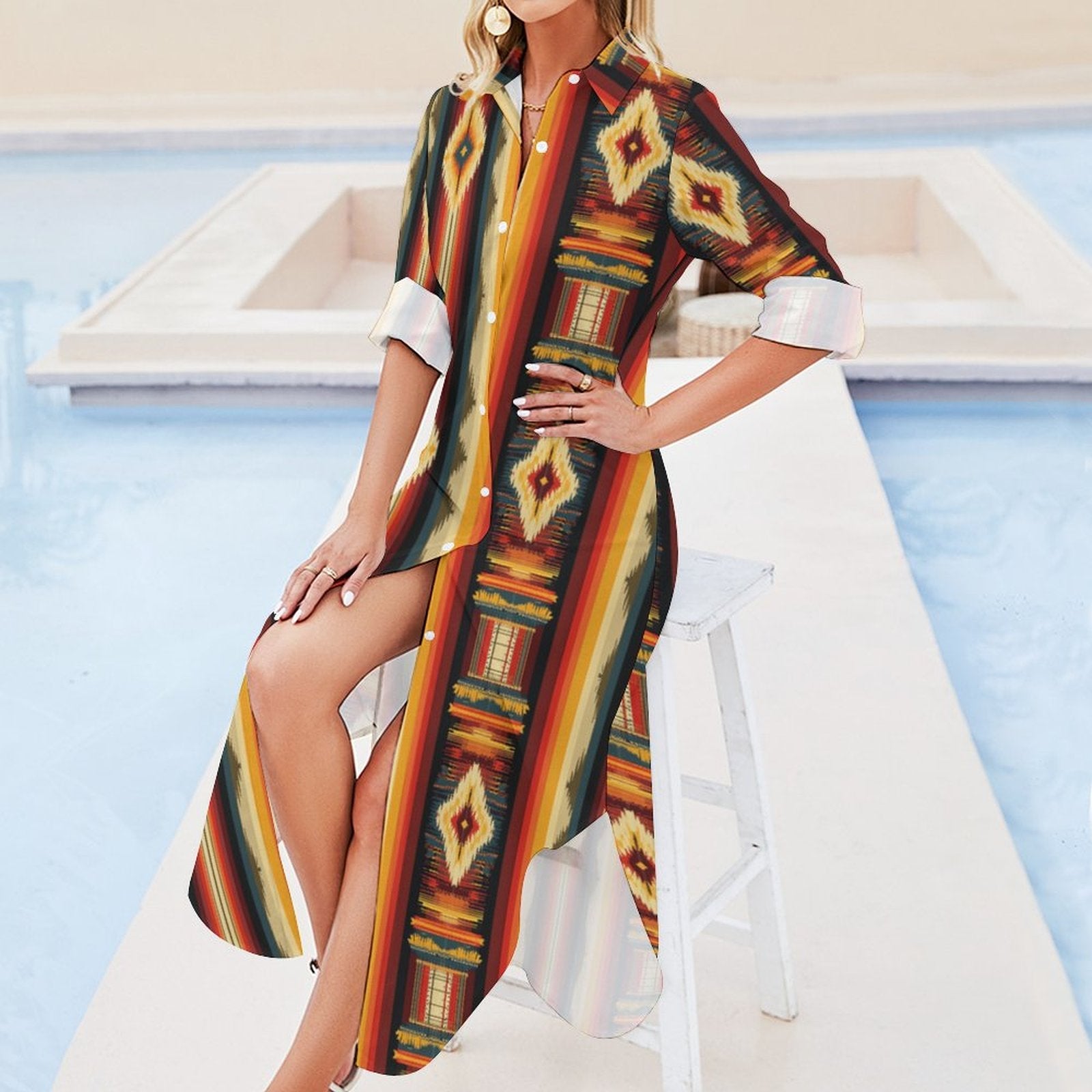 Baha Ranch Colores De Mexico Southwestern Aztec Serape Long Sleeve Shirt Dress Duster