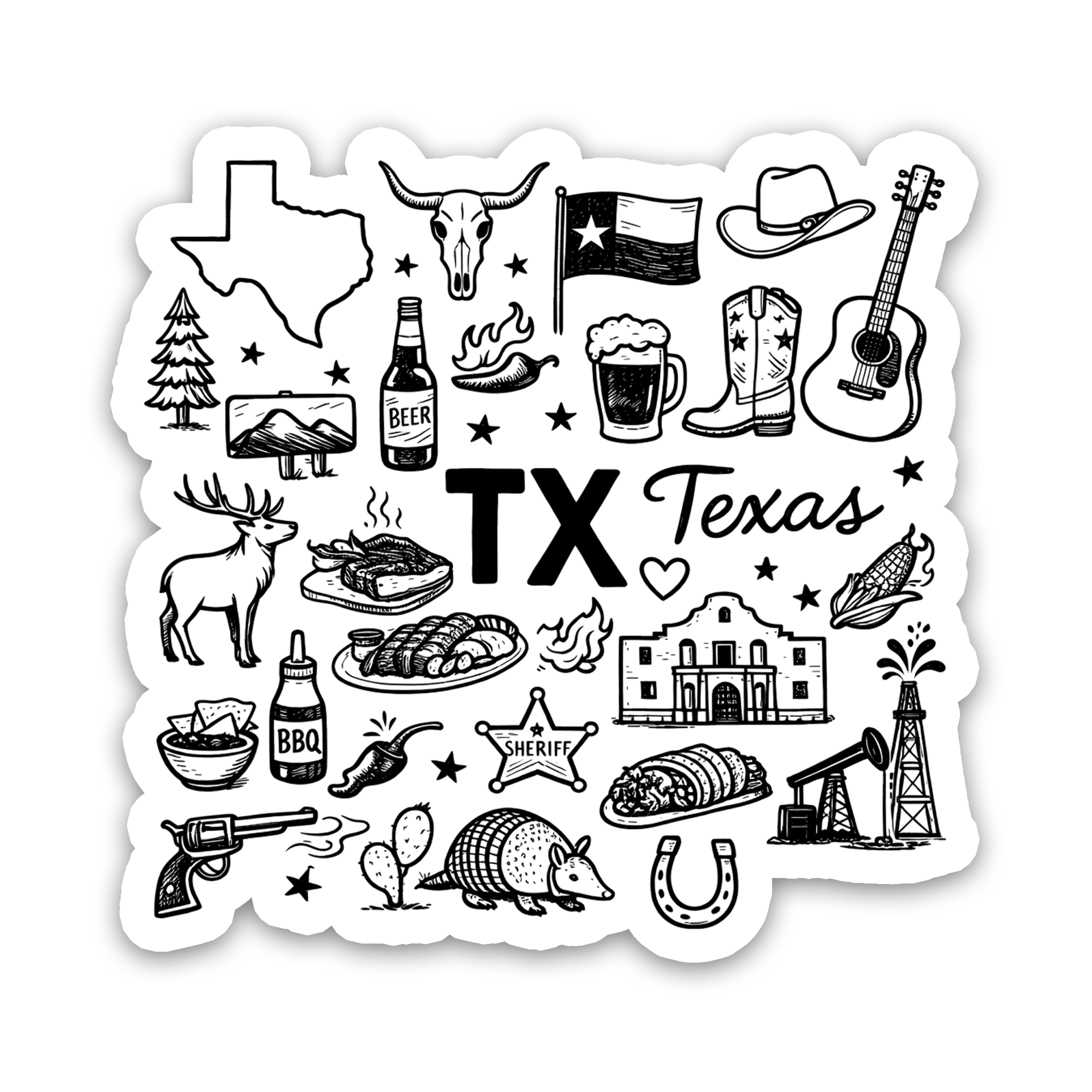 Texas The Lone Star State Doodle Icons Sticker