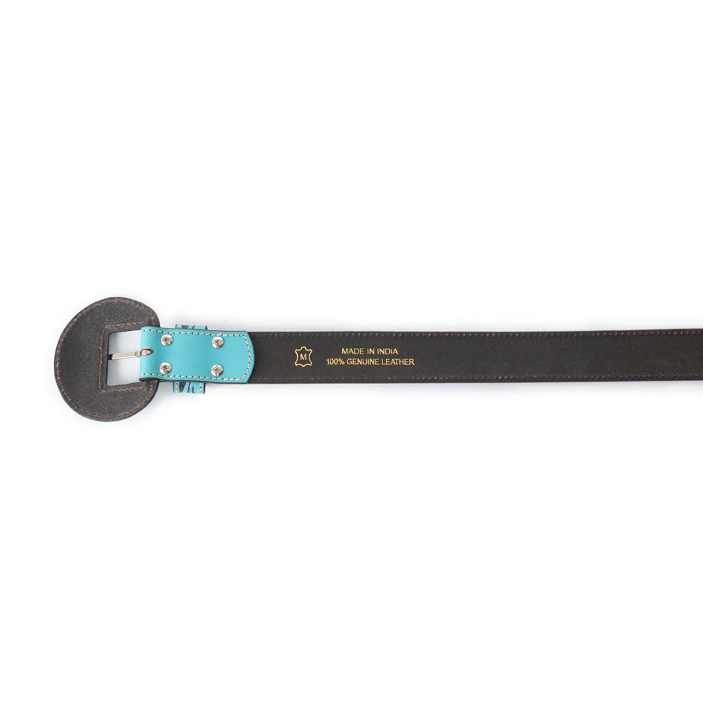 Myra Talon High Azure Tooled Leather Belt for Women - Statement Rodeo Buckle with Western Embossed Floral Design