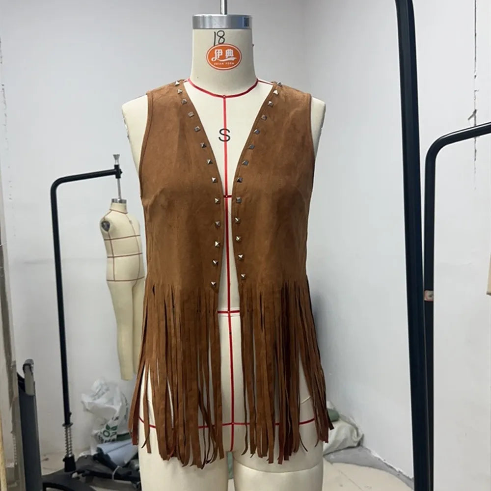 Rivet Tassel Open Front Sleeveless Faux Suede Vest