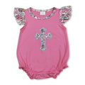 Flutter sleeves floral cross embroidery baby Easter romper