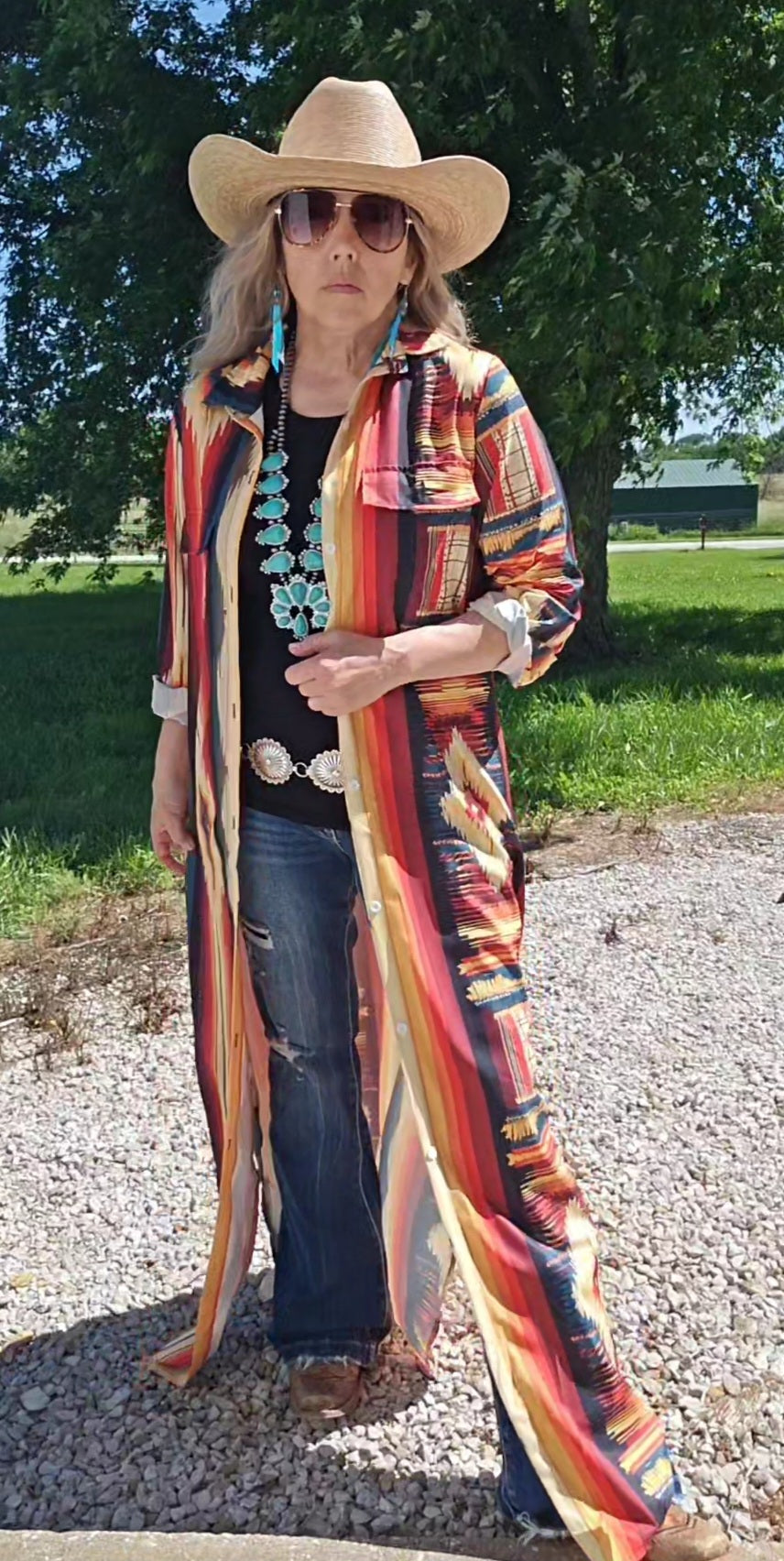 Baha Ranch Colores De Mexico Southwestern Aztec Serape Long Sleeve Shirt Dress Duster