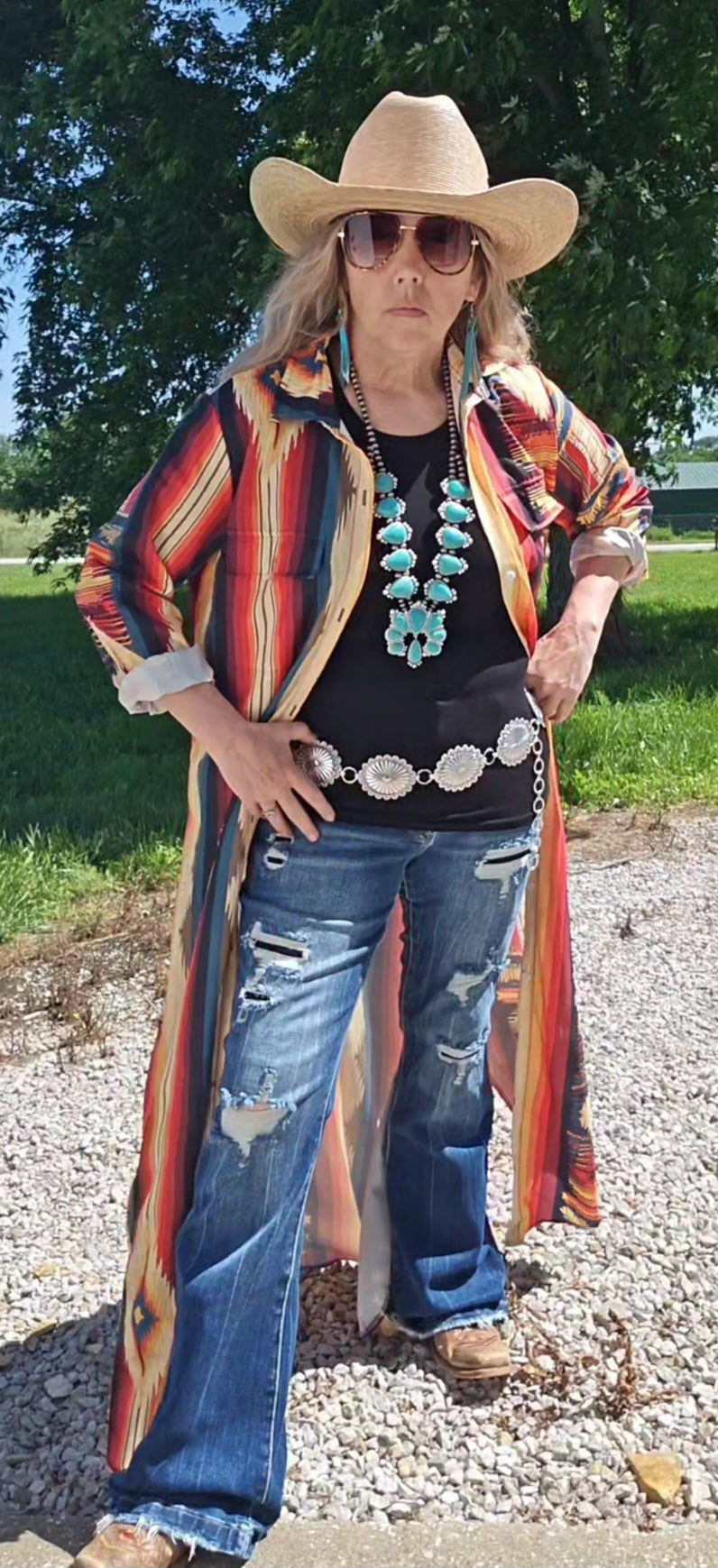 Baha Ranch Colores De Mexico Southwestern Aztec Serape Long Sleeve Shirt Dress Duster