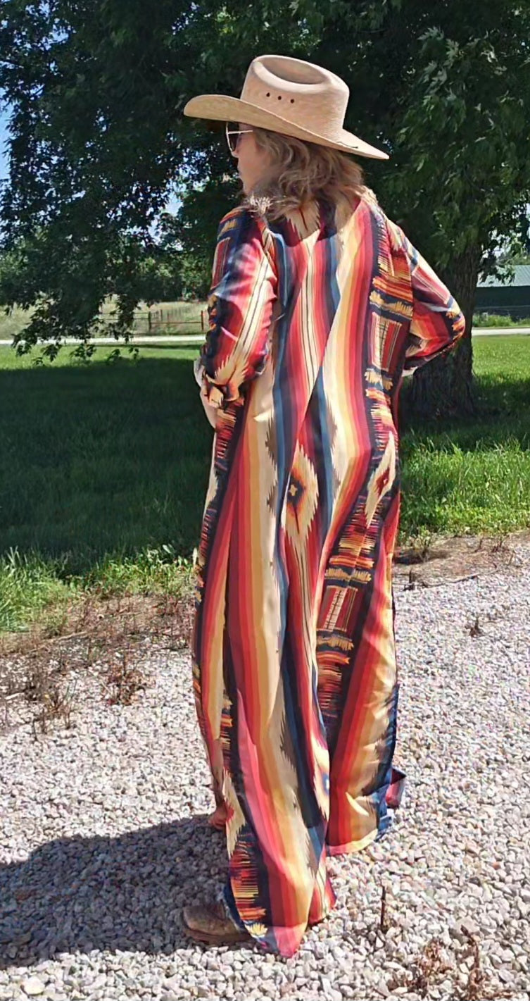 Baha Ranch Colores De Mexico Southwestern Aztec Serape Long Sleeve Shirt Dress Duster