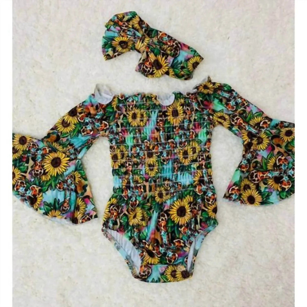 Girl's Sunflower & Leopard Cross Baby Onesie With Headband