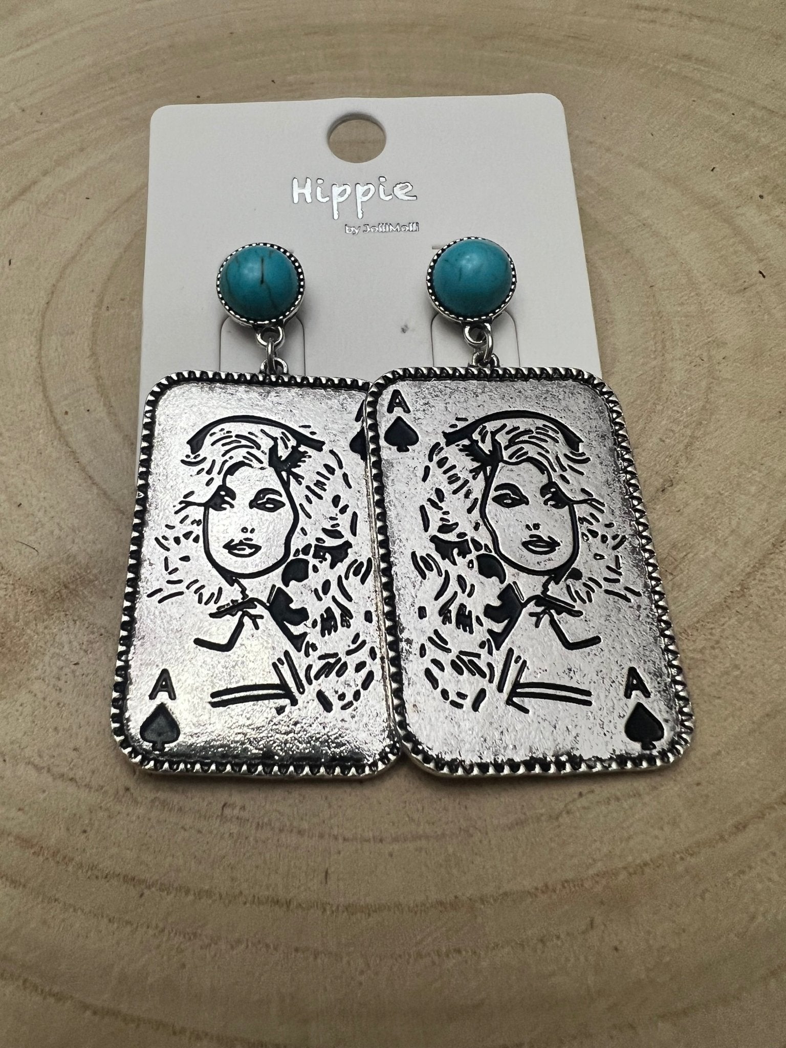 Dolly Card Theme Dangle Earrings with Faux Turquoise Stone - 2 1/2 inch drop