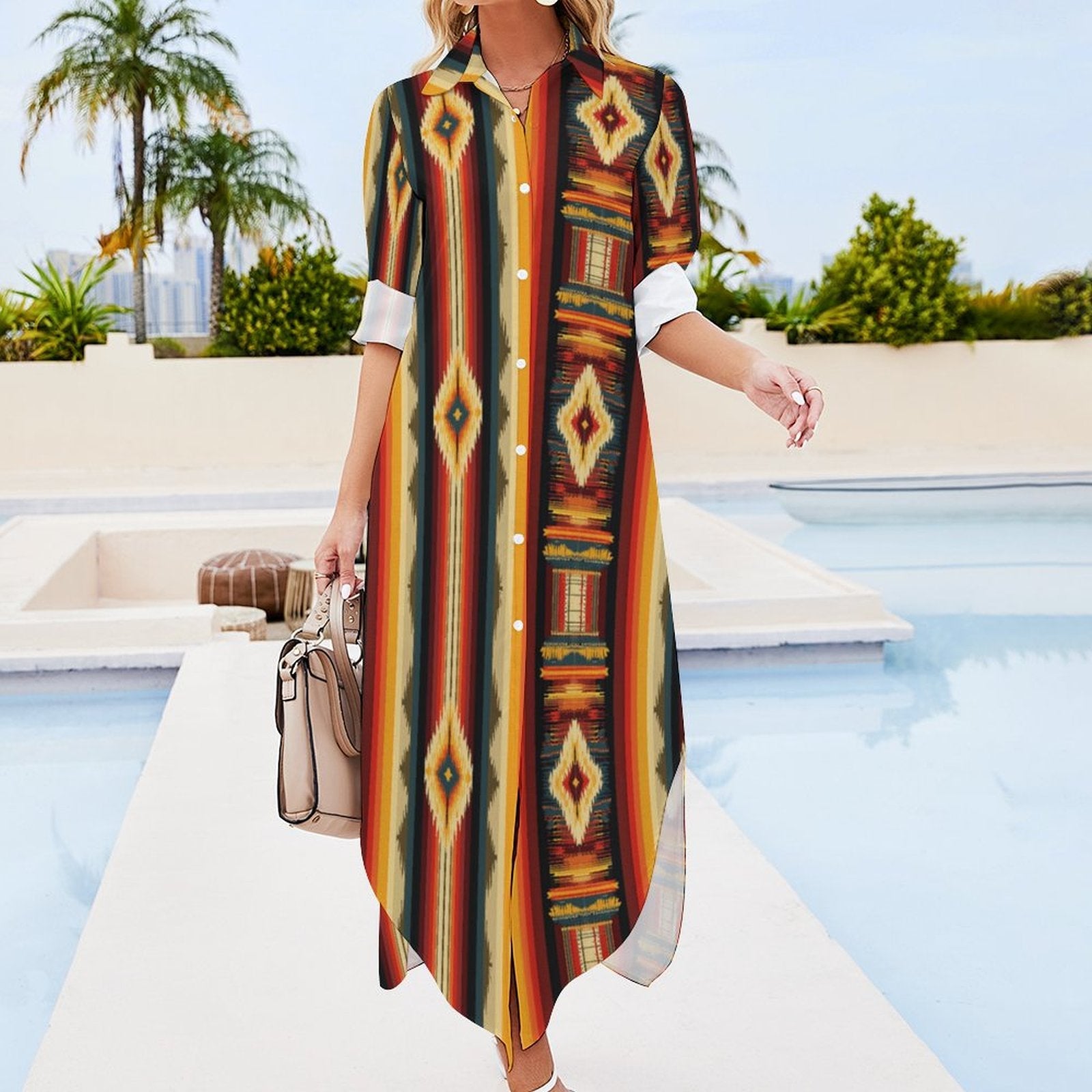 Baha Ranch Colores De Mexico Southwestern Aztec Serape Long Sleeve Shirt Dress Duster