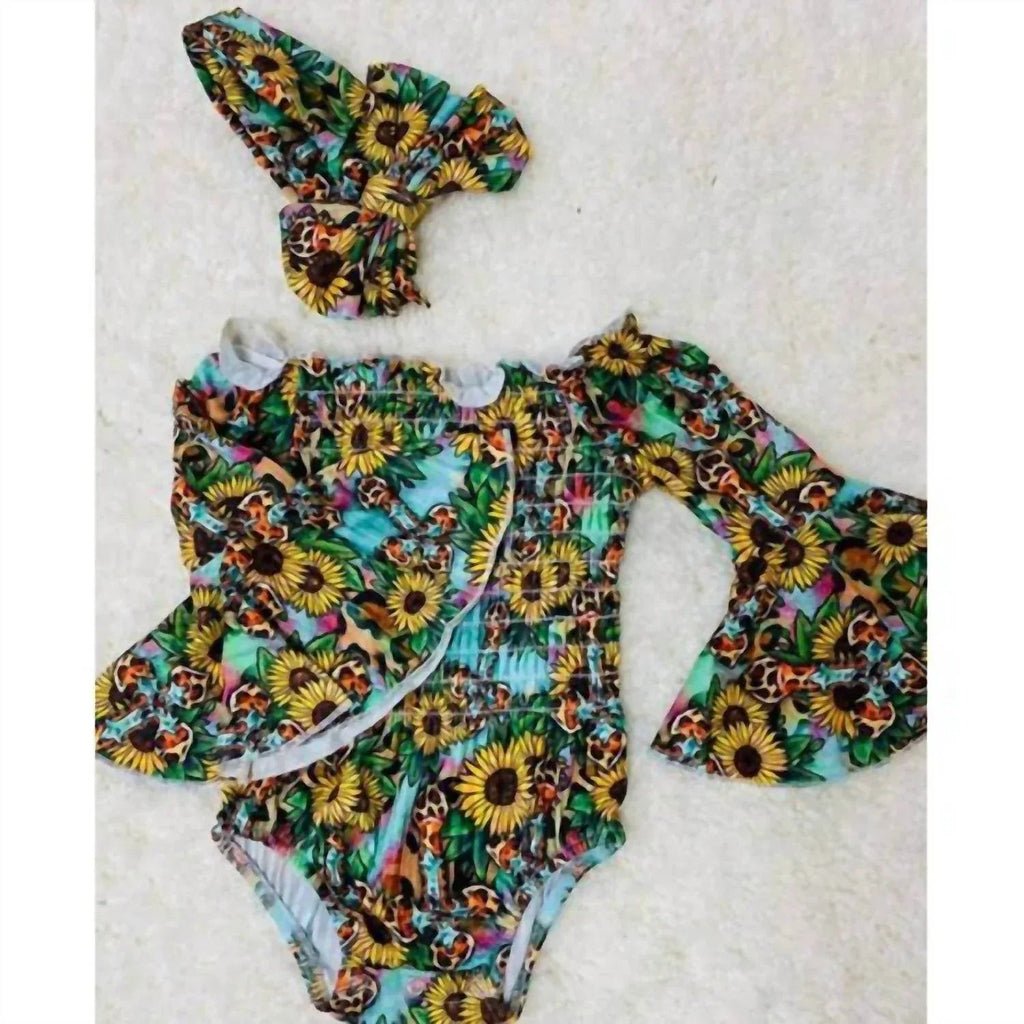 Girl's Sunflower & Leopard Cross Baby Onesie With Headband
