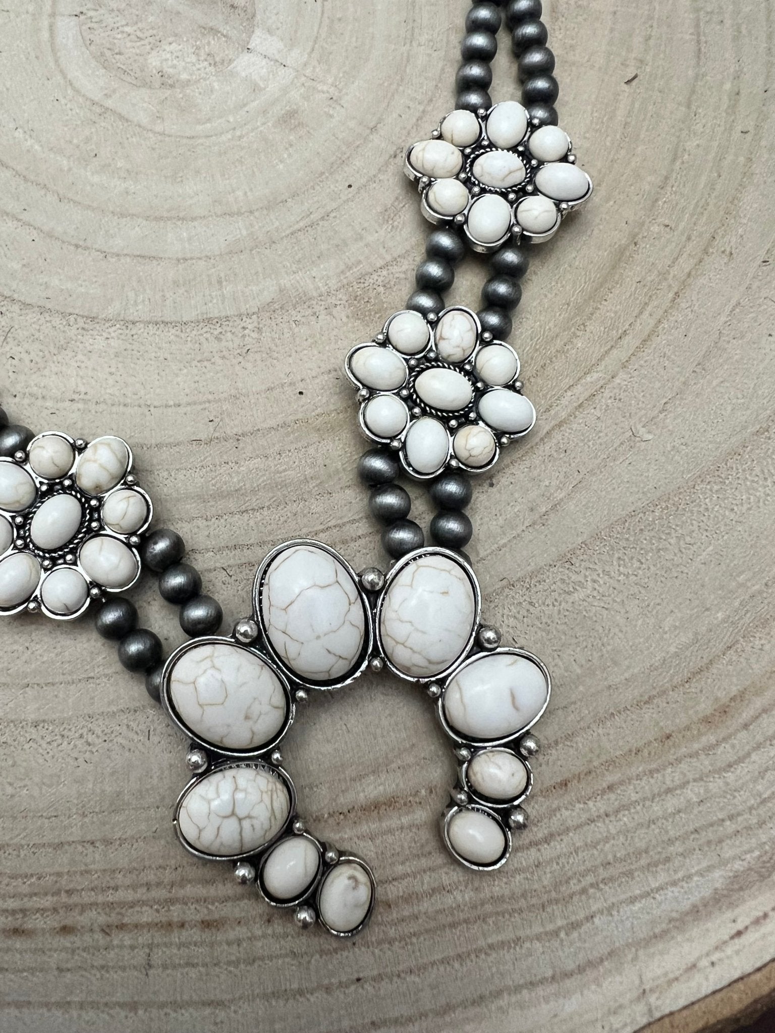 Faux White Buffalo Double Strand Squash Blossom Necklace -  18 inch