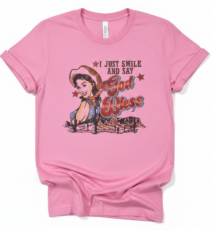 God Bless Vintage Cowgirl Graphic Tee | Premium Bella + Canvas 3001 Western Shirt | Rowdy Rowels Pink Retro Rodeo T-Shirt
