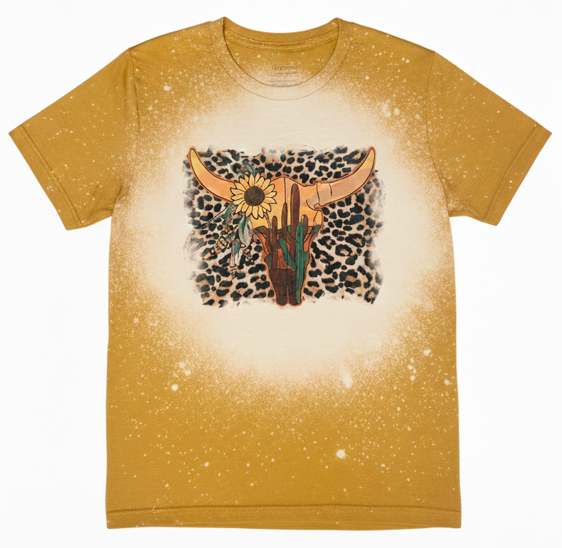 Leopard Print Steer Skull Graphic Tee | Bella + Canvas 3001 Mustard Yellow Unisex T-Shirt | Boho Western Bleached Top | Desert Cactus & Sunflower Apparel