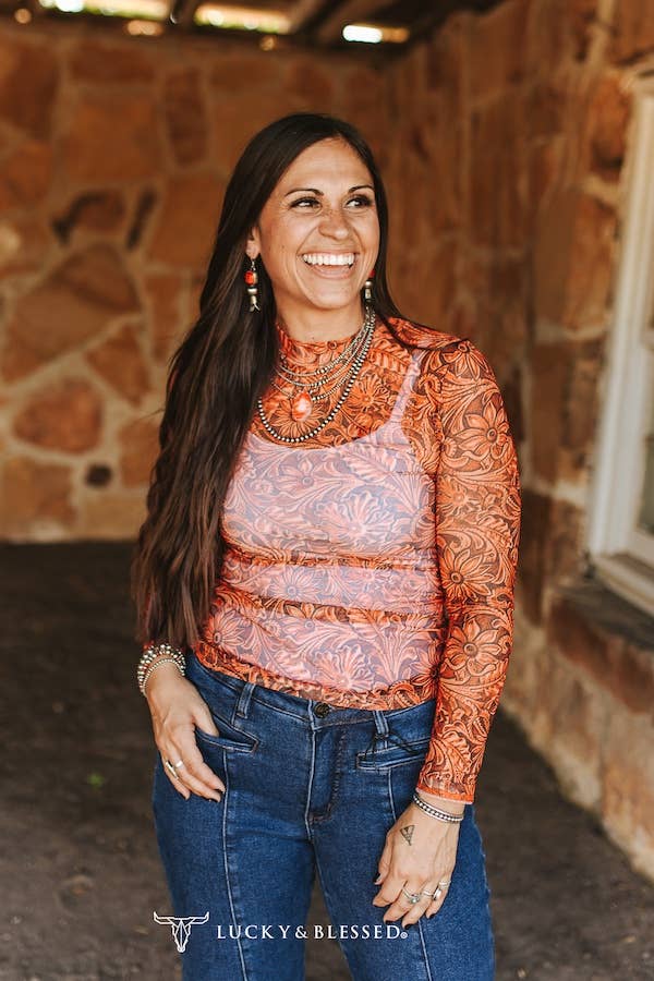 Tooled Long Sleeve Mesh Top - small remains