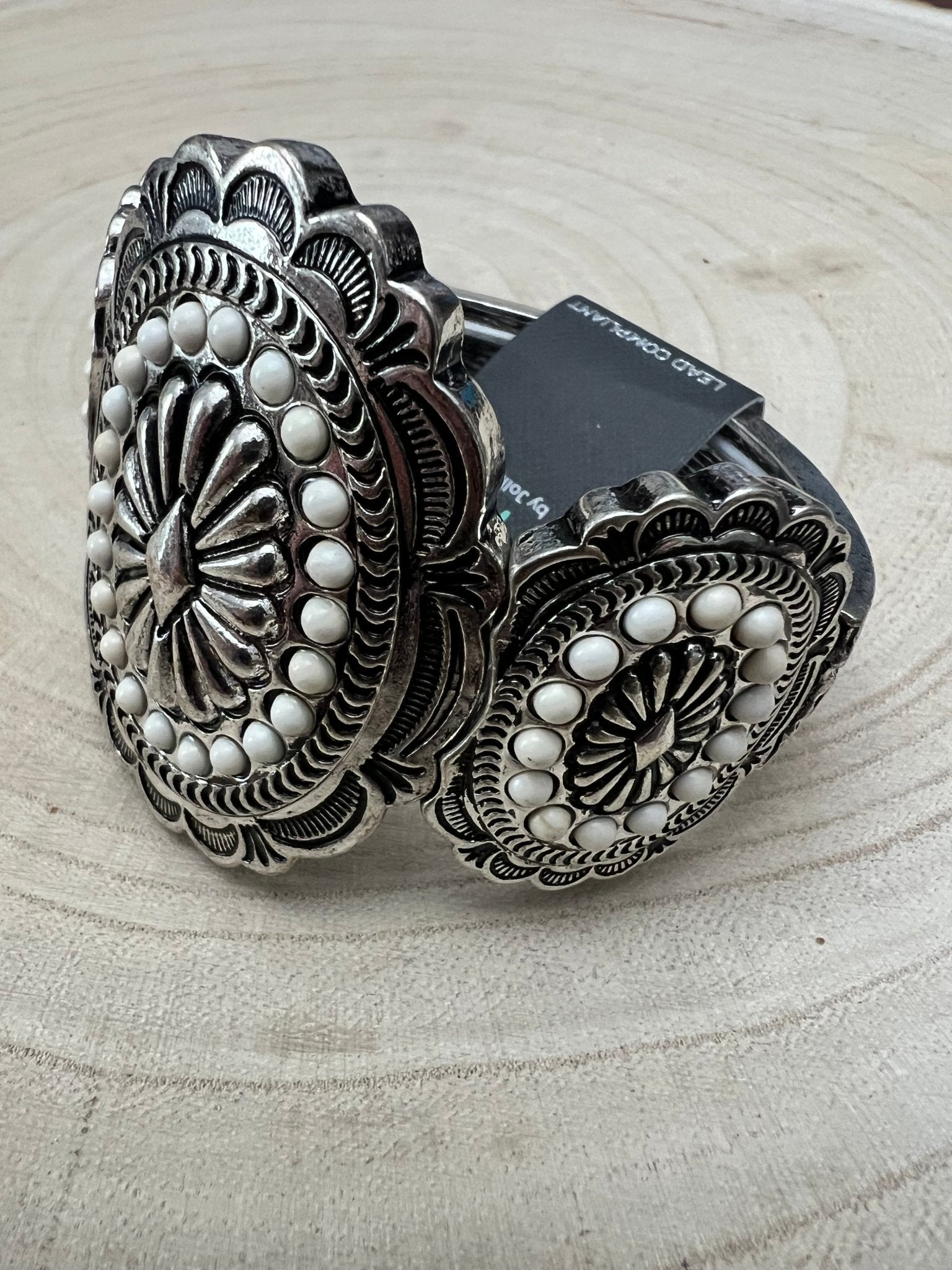 Western Concho and White Stone Faux Wide Statement Stretch Bracelet