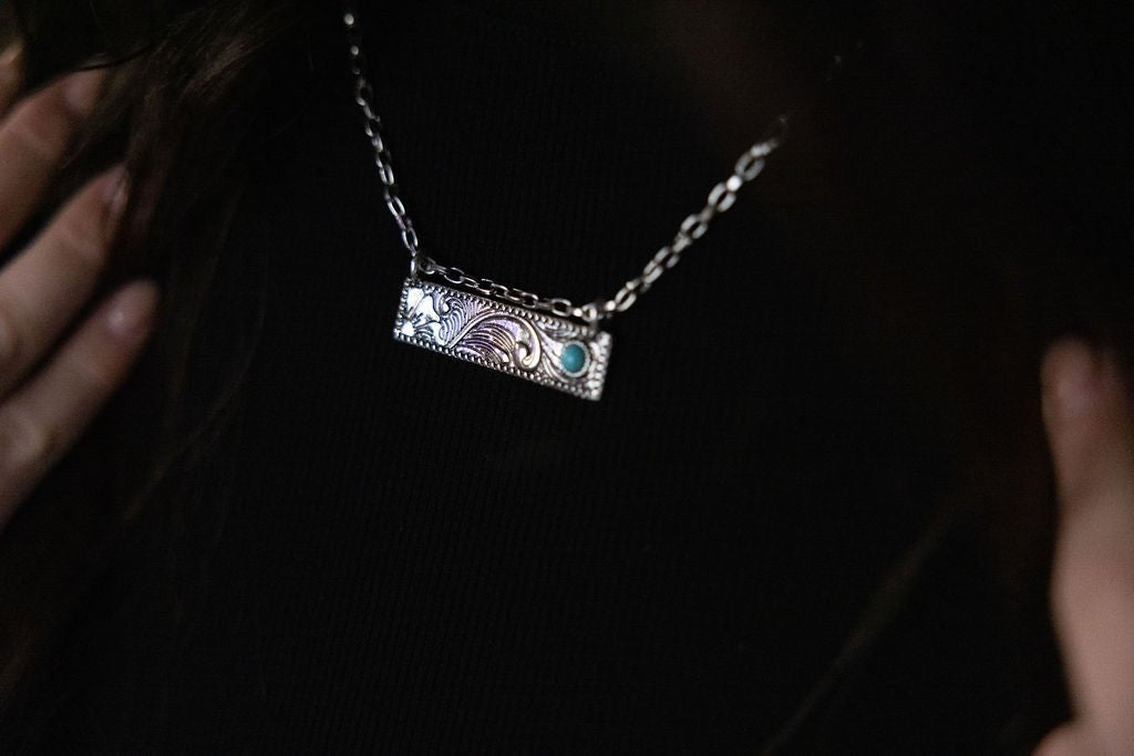 Western Faux Tooled Bar Necklace with Faux Turquoise - 18 inch + 3