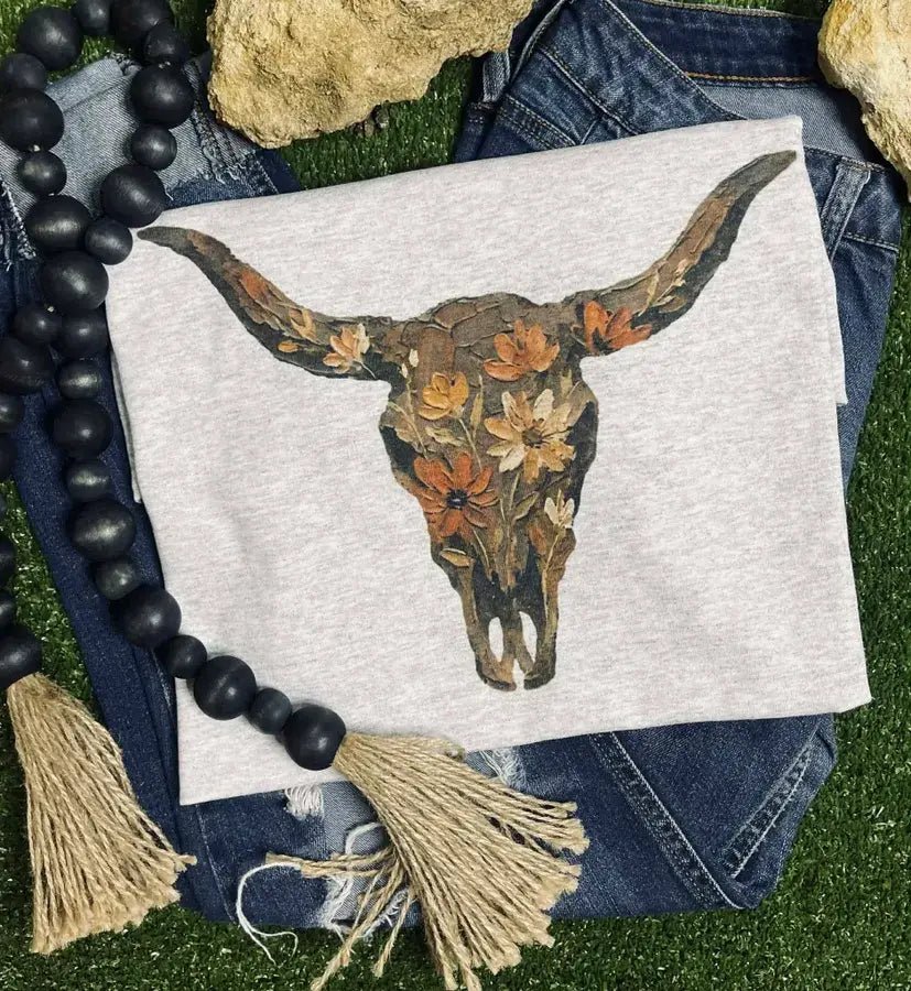 Vintage Wildflower Bull Skull Graphic Tee | Western Boho Shirt